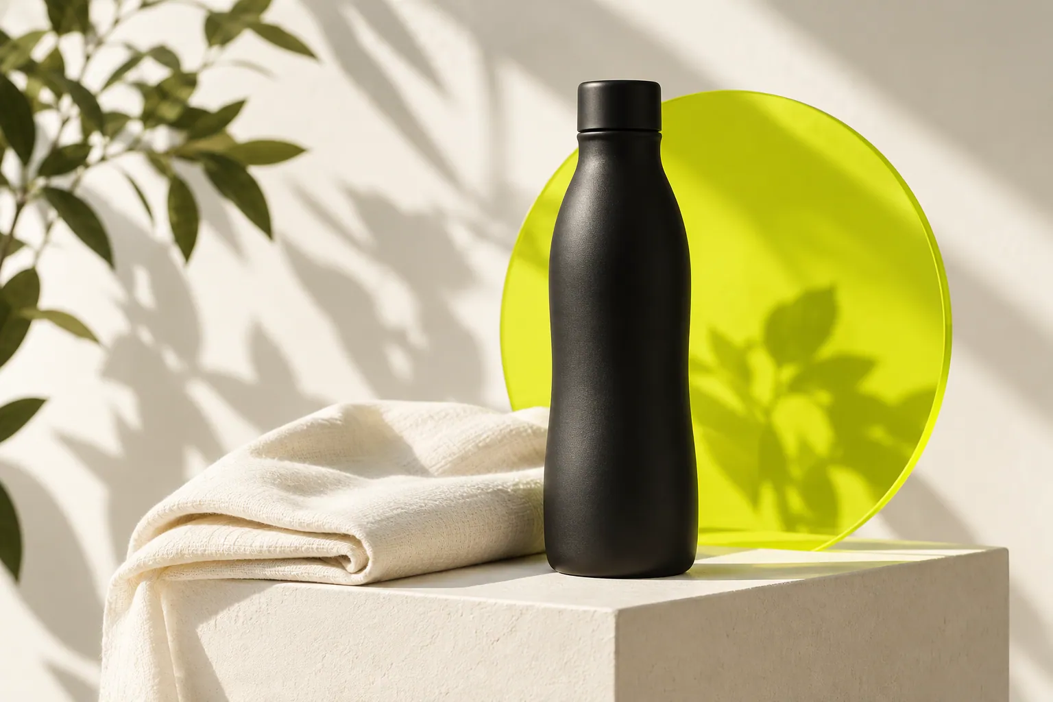 Matte black bottle, cotton fabric and chartreuse studio composition