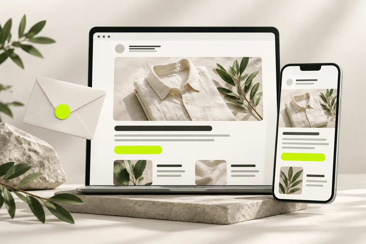 A matching product email on desktop and phone, combining product imagery, a short explanation and a clear call-to-action button.