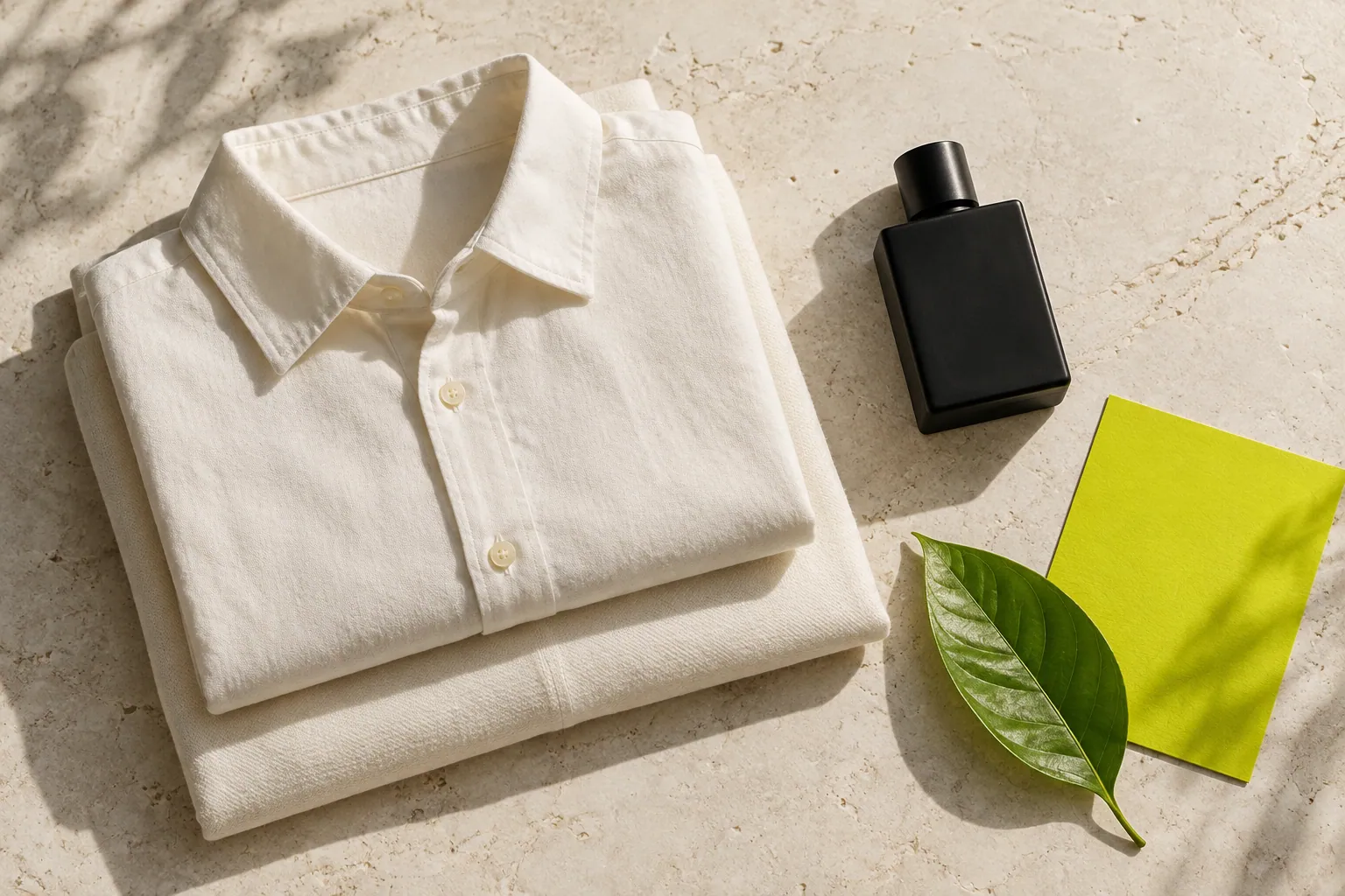 Cotton shirts and black fragrance bottle collection
