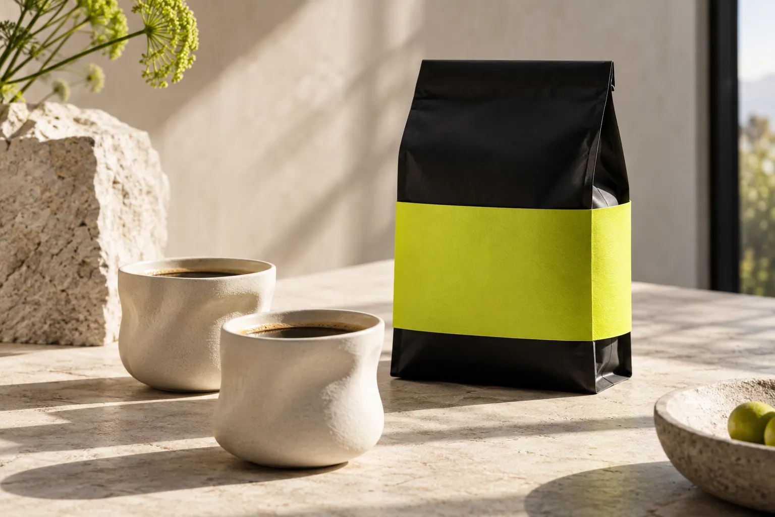 Ceramic cups and packaging for a coffee collection