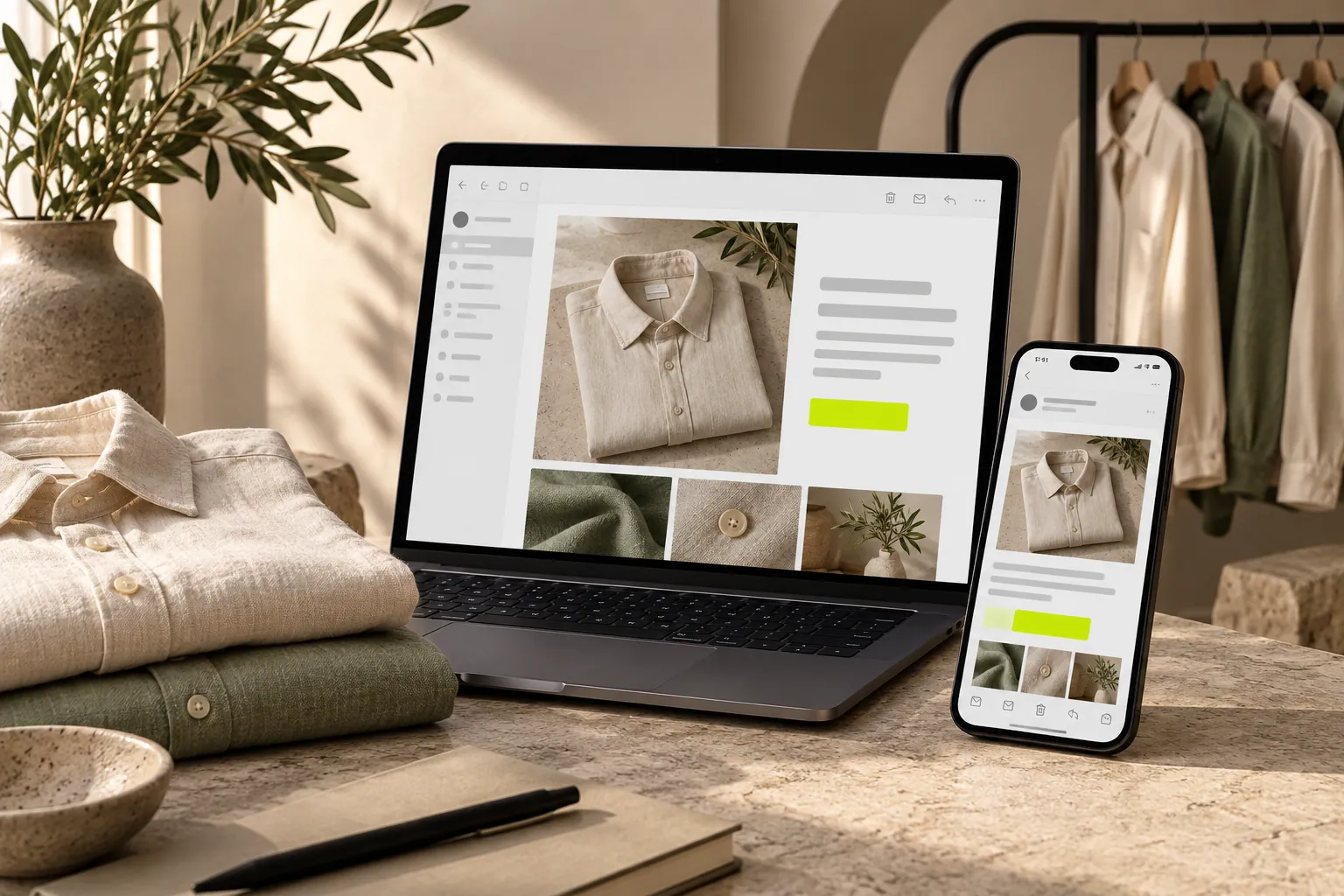 A linen shirt collection email displayed on a laptop and a phone.
