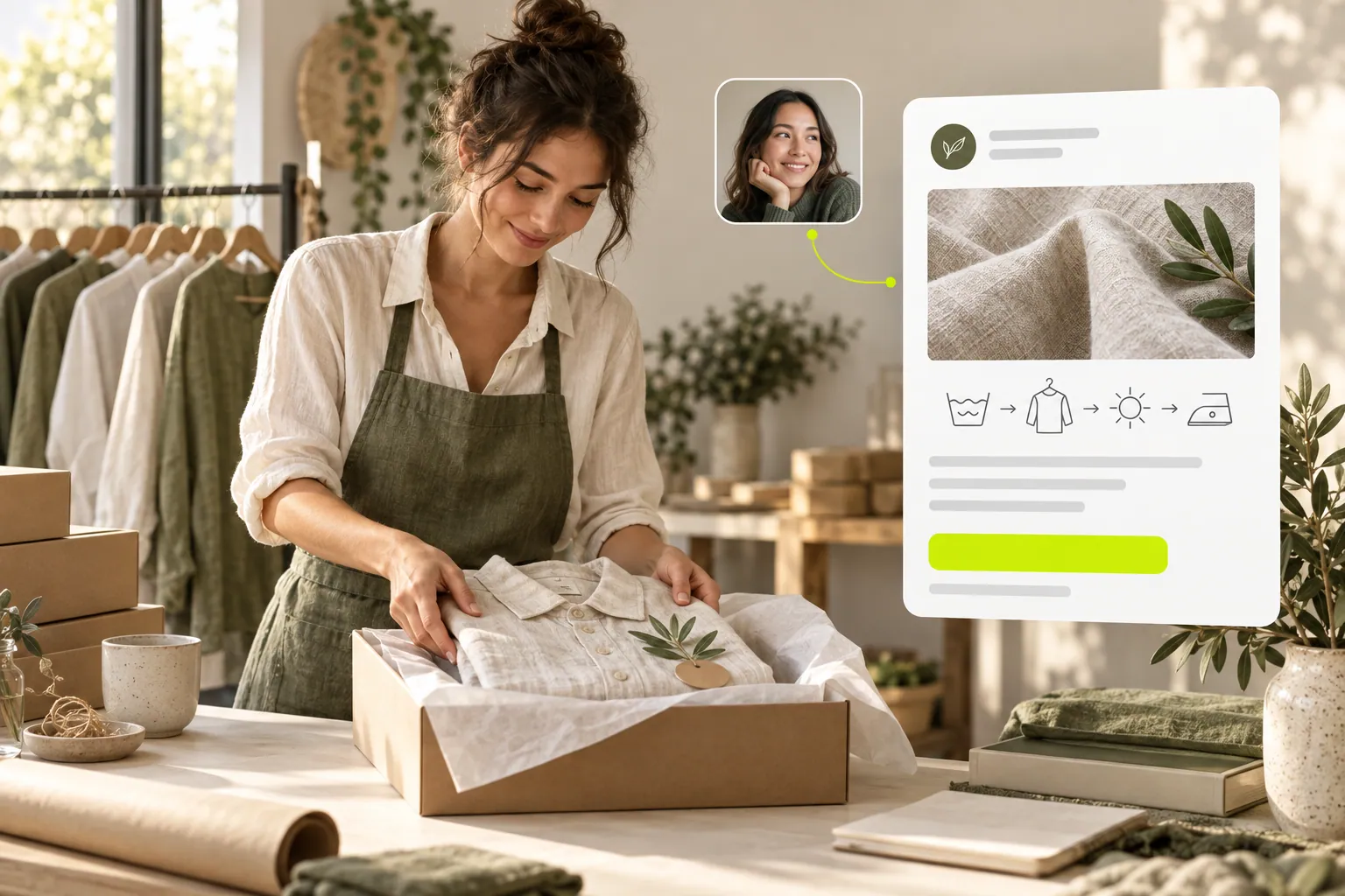 An apparel brand owner packing a linen shirt beside a product-care email card.
