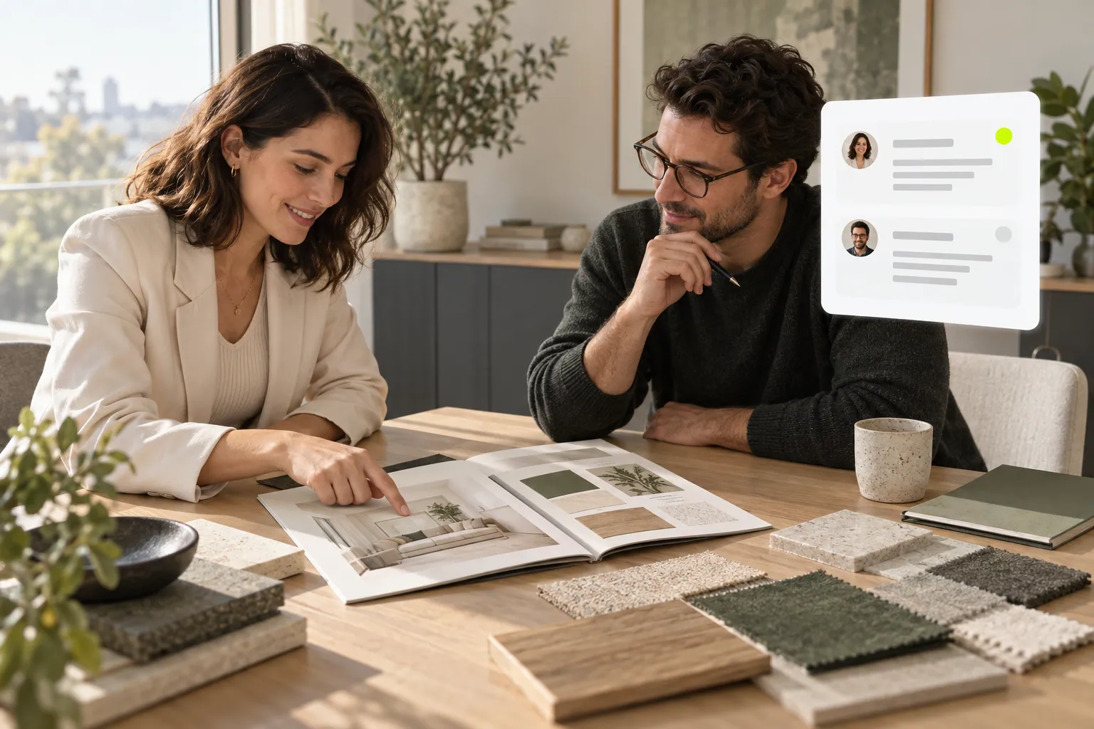 Two people reviewing a project proposal and material samples beside an email conversation card.