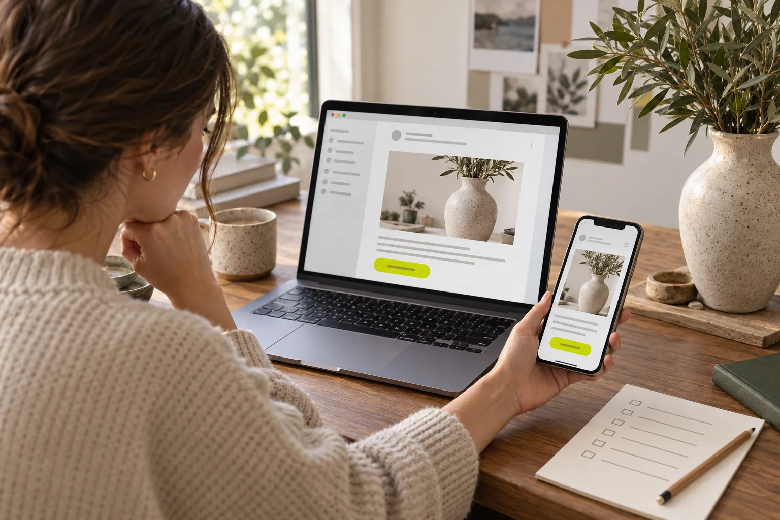 A person reviewing a first product email on laptop and phone beside a paper checklist.
