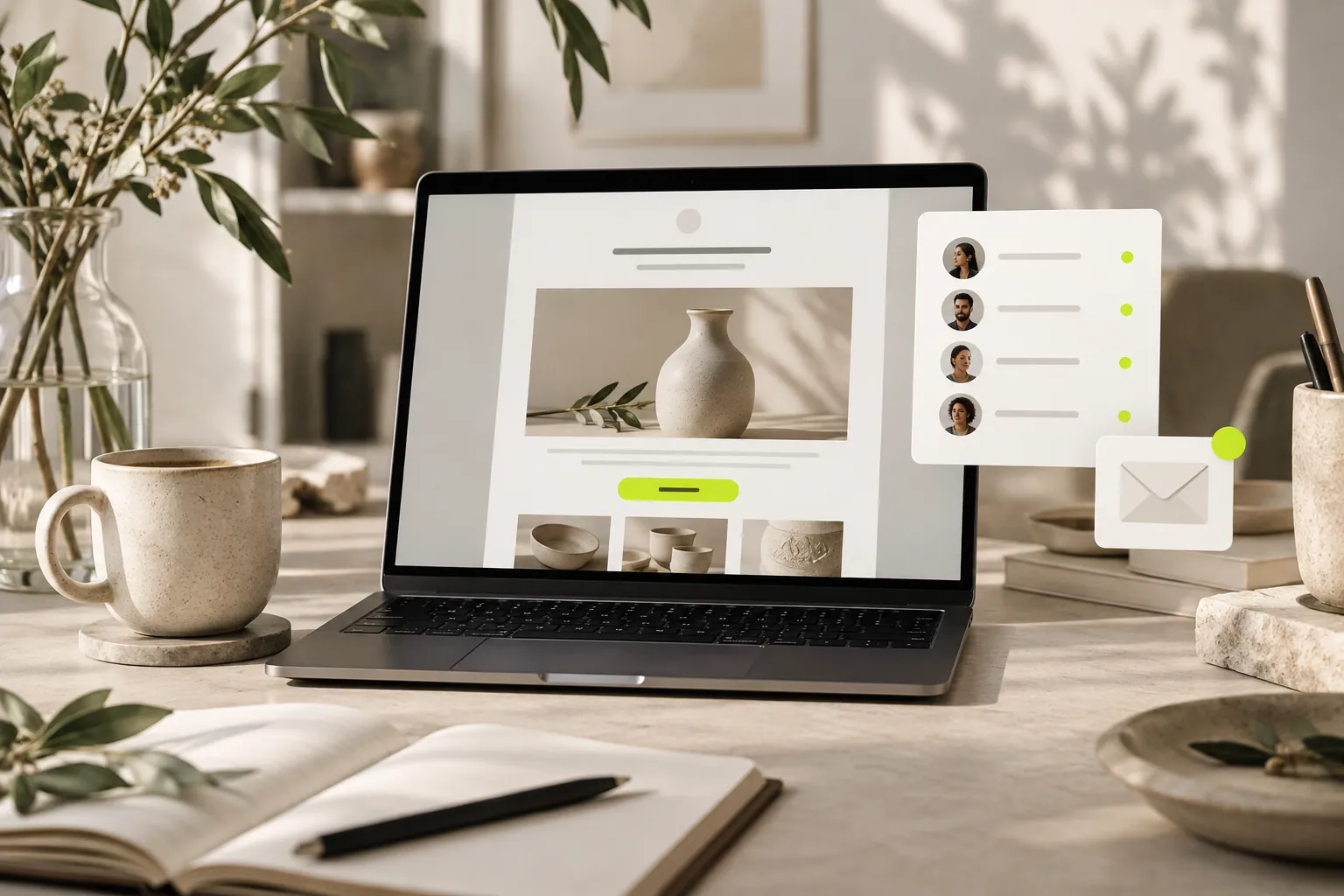A laptop displaying a ceramics newsletter beside contact-list and email cards, illustrating a small brand’s customer communication workspace.