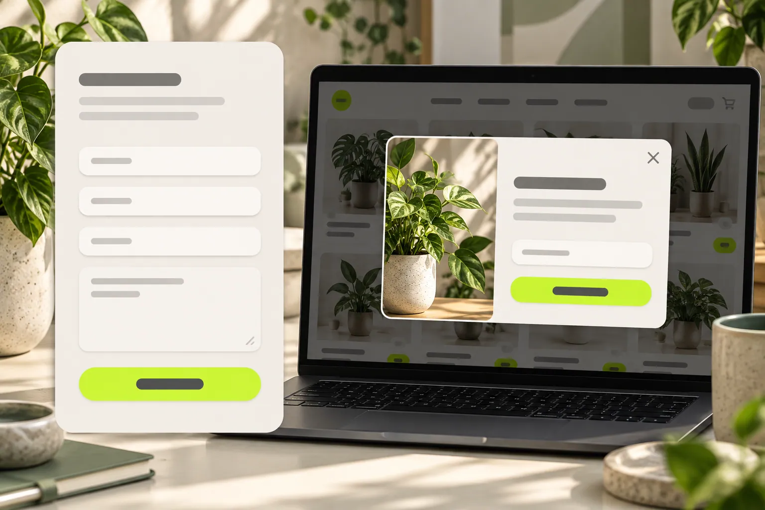A spacious contact form beside a compact newsletter popup over a store page.