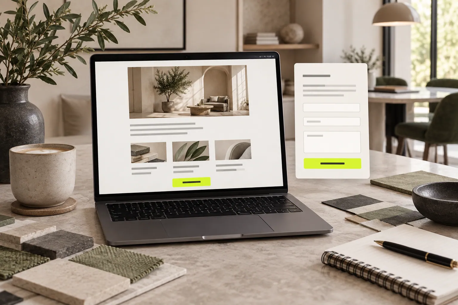 A service introduction email on a laptop beside a short quote enquiry form.
