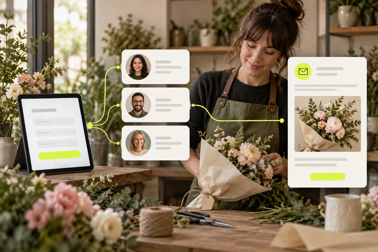 A florist’s signup form connected to contact cards and an email featuring a bouquet.