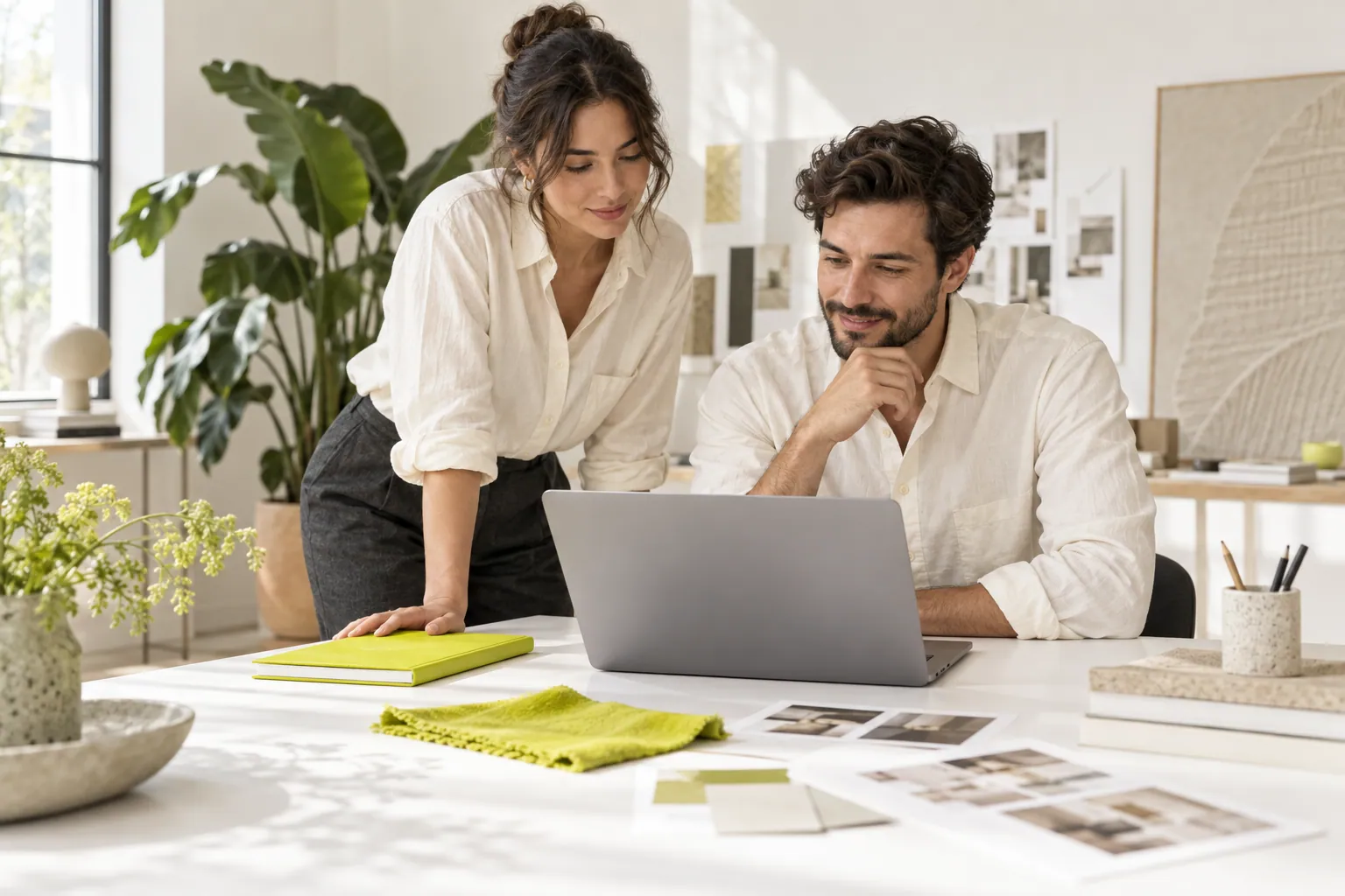 Two people working on a campaign in a bright studio